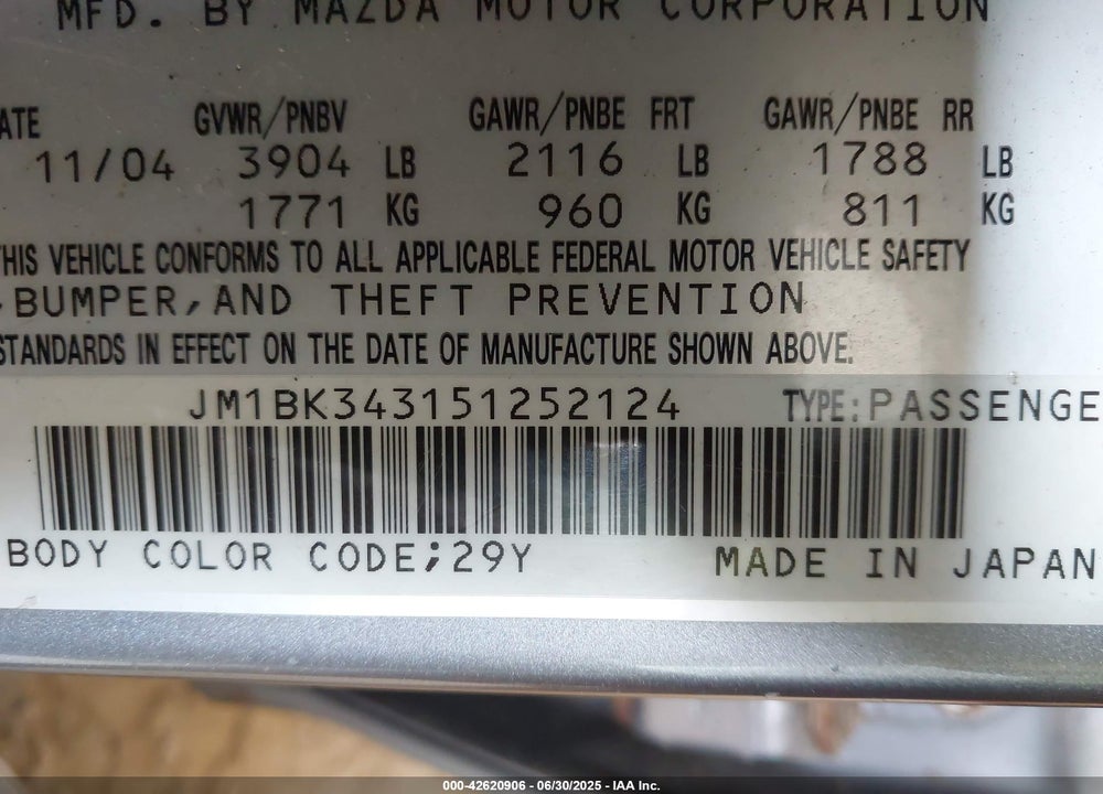 2005 MAZDA 3 S VIN: JM1BK343151252124