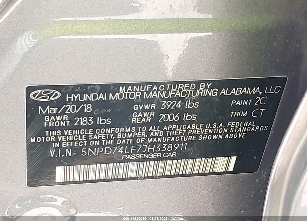 2018 HYUNDAI ELANTRA VIN: 5NPD74LF7JH338911