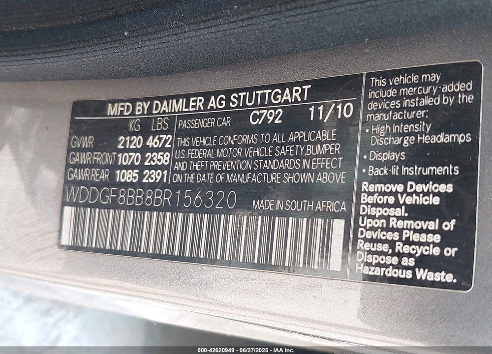 2011 MERCEDES-BENZ C CLASS VIN: WDDGF8BB8BR156320