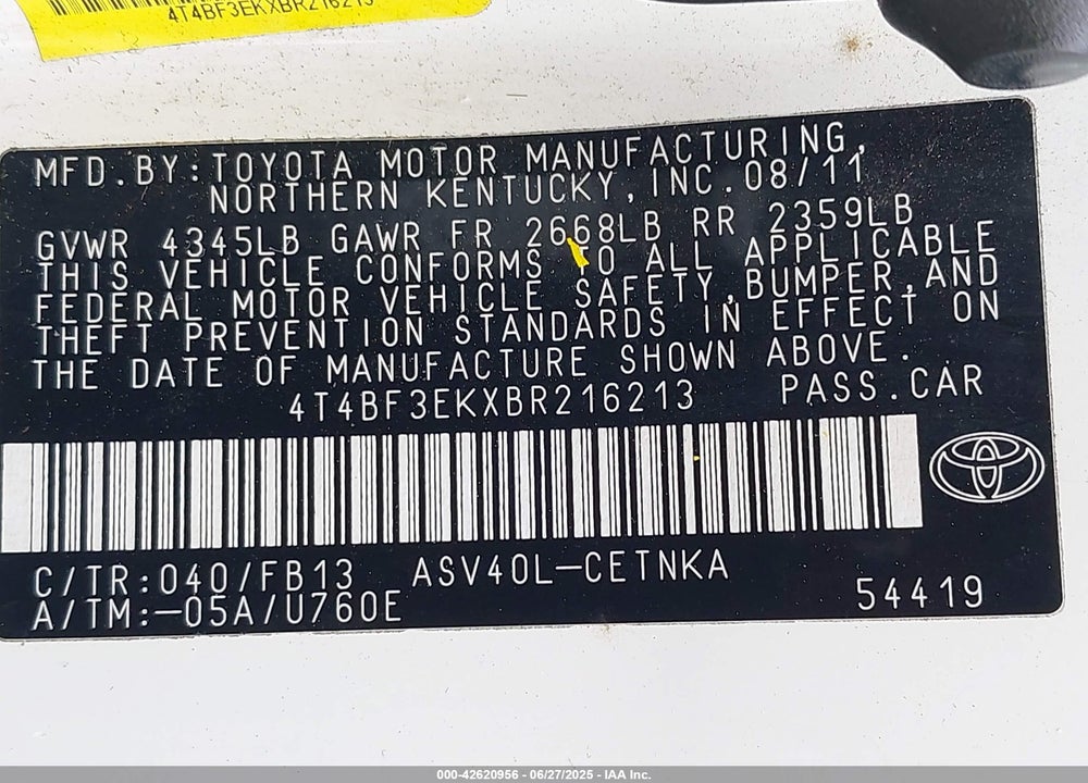 2011 TOYOTA CAMRY VIN: 4T4BF3EKXBR216213