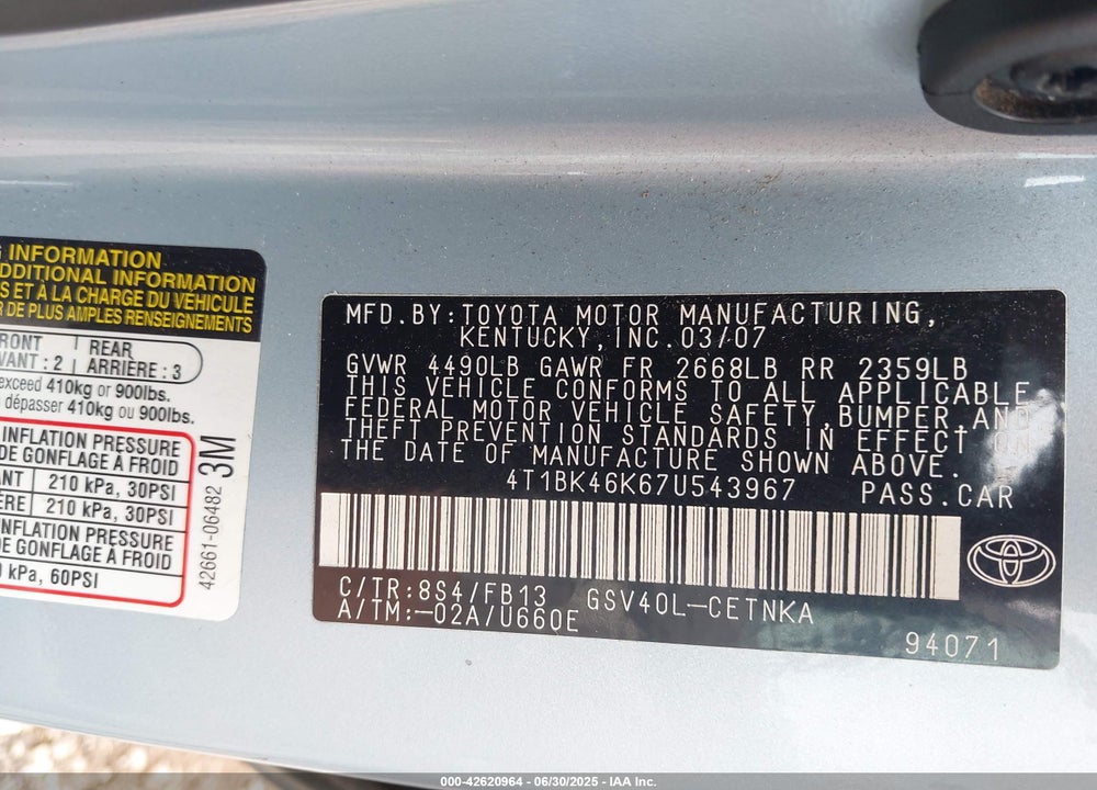 2007 TOYOTA CAMRY LE V6 VIN: 4T1BK46K67U543967