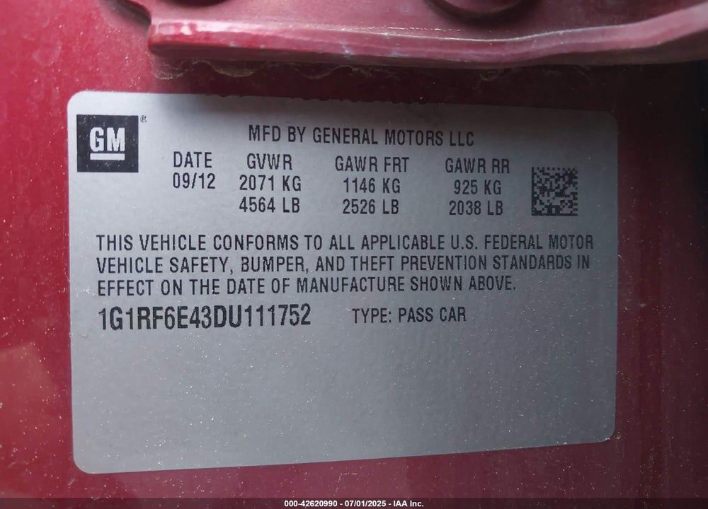 2013 CHEVROLET VOLT VIN: 1G1RF6E43DU111752