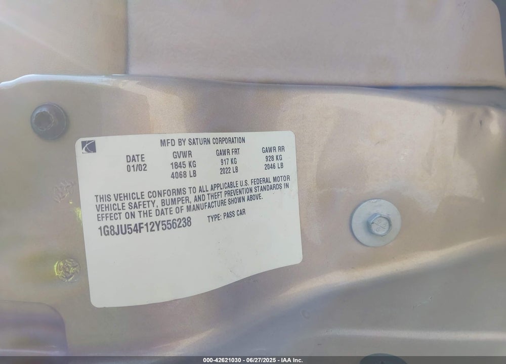 2002 SATURN L-SERIES L200 VIN: 1G8JU54F12Y556238