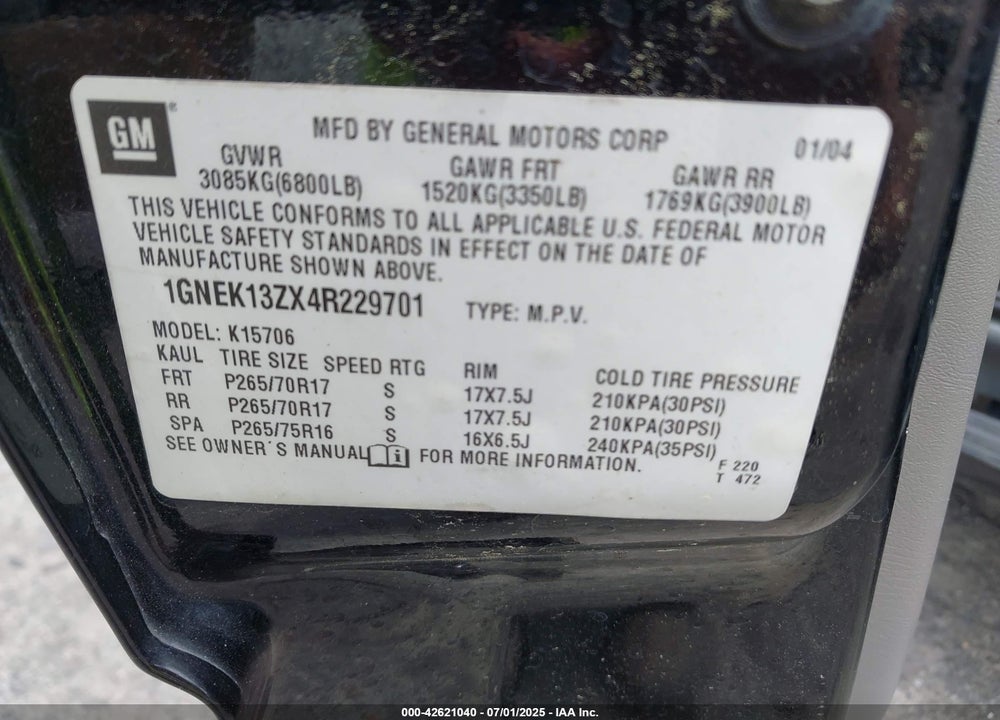 2004 CHEVROLET TAHOE Z71 VIN: 1GNEK13ZX4R229701