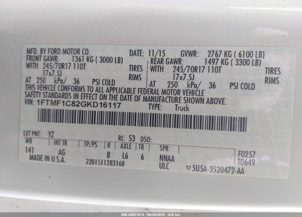 2016 FORD F-150 VIN: 1FTMF1C82GKD16117