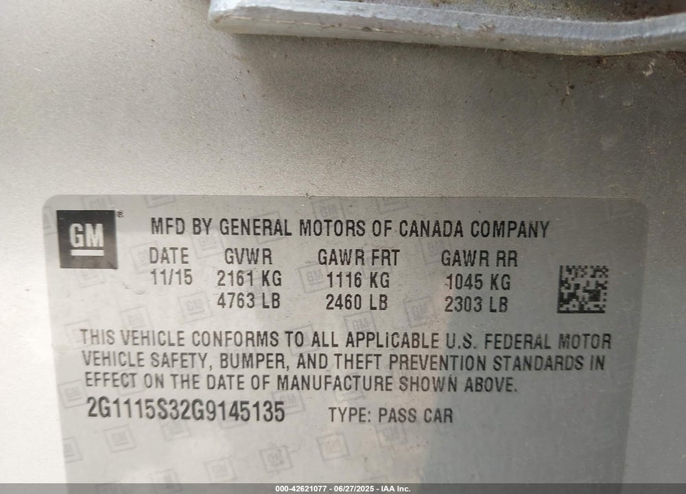 2016 CHEVROLET IMPALA VIN: 2G1115S32G9145135
