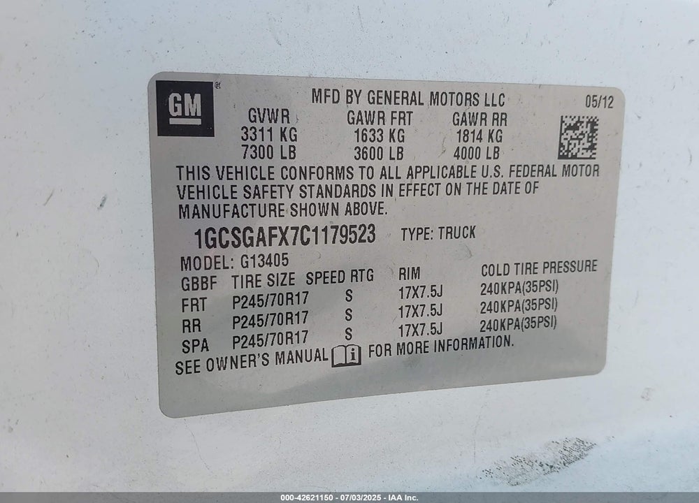 2012 CHEVROLET EXPRESS 1500 WORK VAN VIN: 1GCSGAFX7C1179523