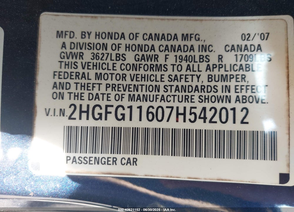 2007 HONDA CIVIC LX VIN: 2HGFG11607H542012