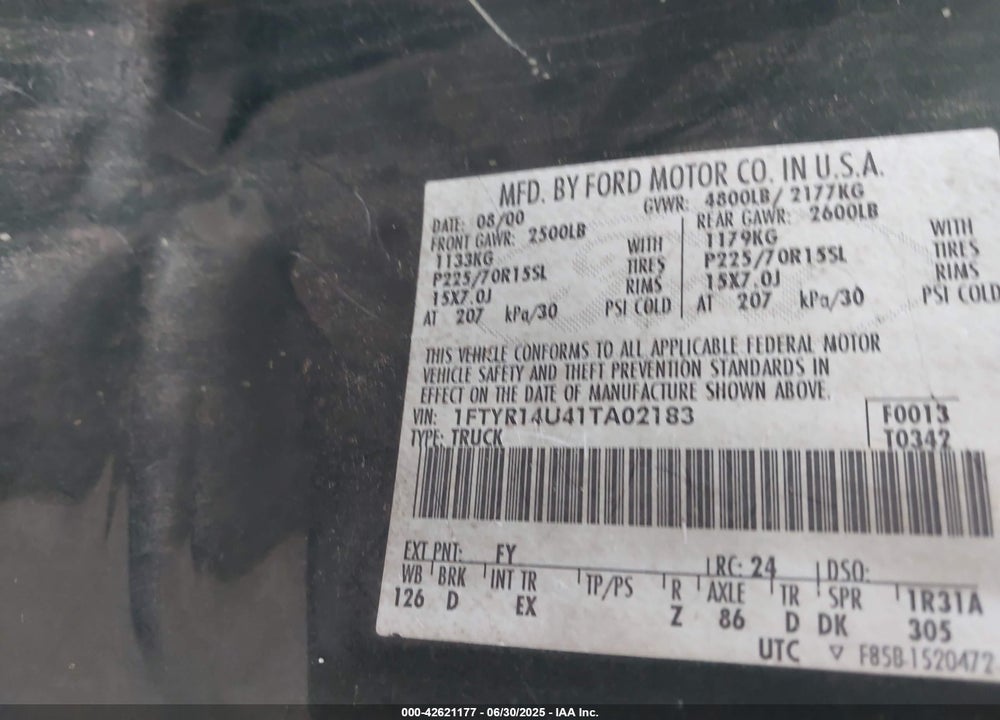 2001 FORD RANGER EDGE/XL/XLT VIN: 1FTYR14U41TA02183
