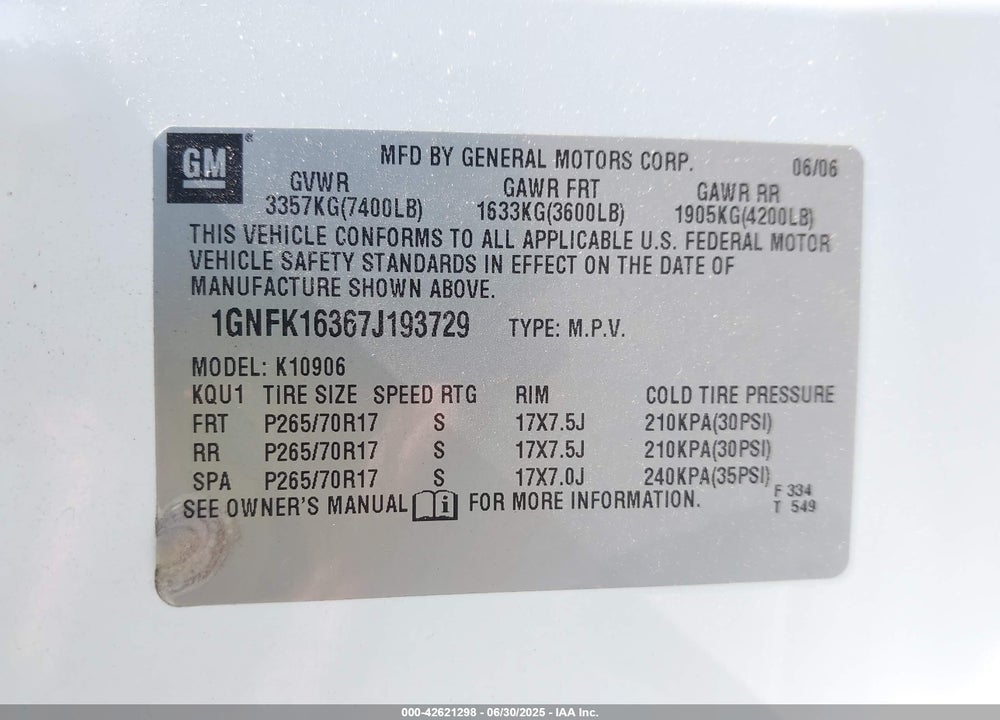 2007 CHEVROLET SUBURBAN 1500 VIN: 1GNFK16367J193729