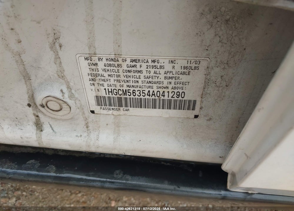 2004 HONDA ACCORD 2.4 LX VIN: 1HGCM56354A041290