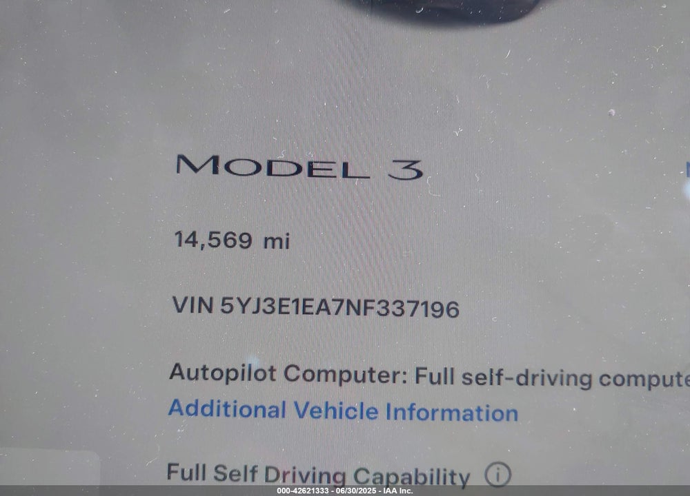 2022 TESLA MODEL 3 VIN: 5YJ3E1EA7NF337196