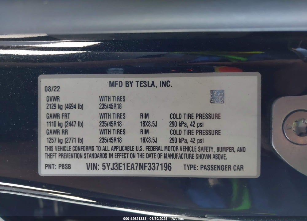 2022 TESLA MODEL 3 VIN: 5YJ3E1EA7NF337196