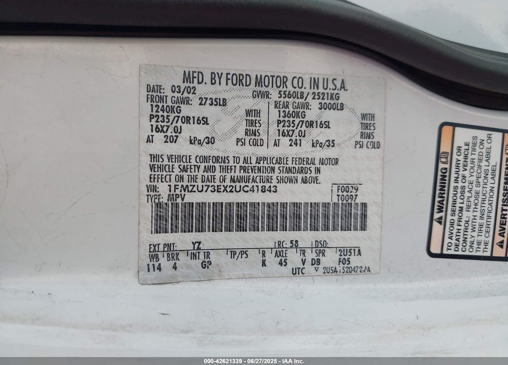 2002 FORD EXPLORER VIN: 1FMZU73EX2UC41843