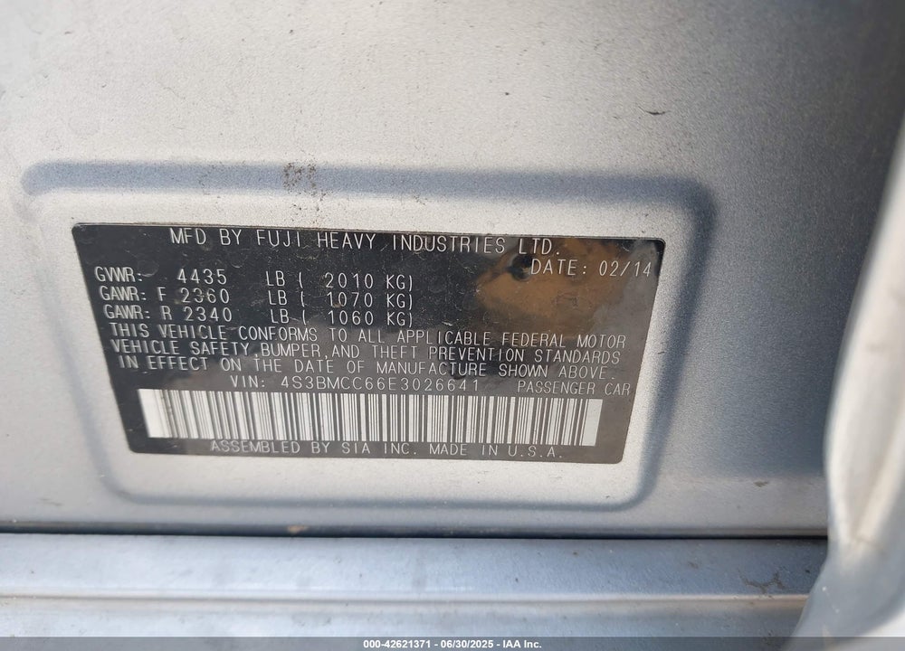 2014 SUBARU LEGACY VIN: 4S3BMCC66E3026641