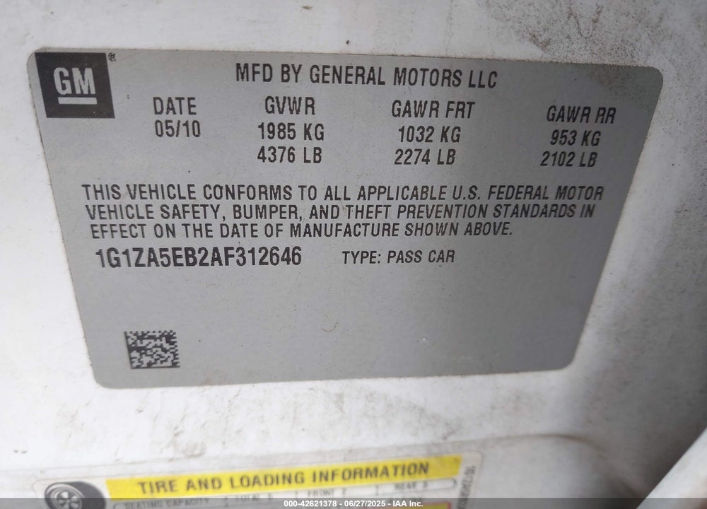 2010 CHEVROLET MALIBU VIN: 1G1ZA5EB2AF312646