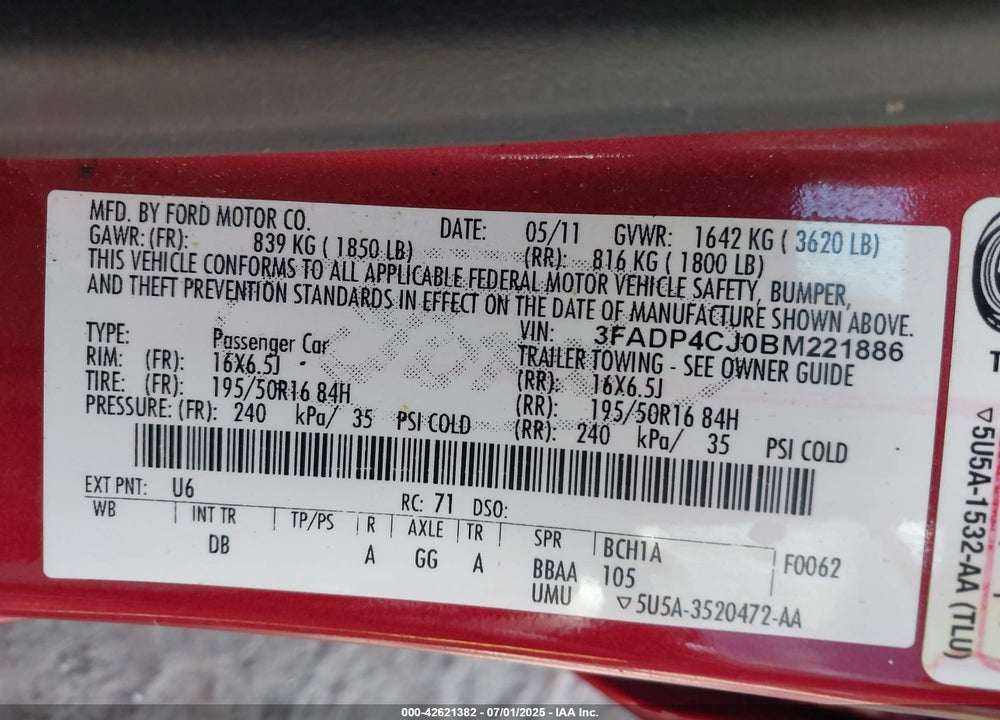 2011 FORD FIESTA VIN: 3FADP4CJ0BM221886