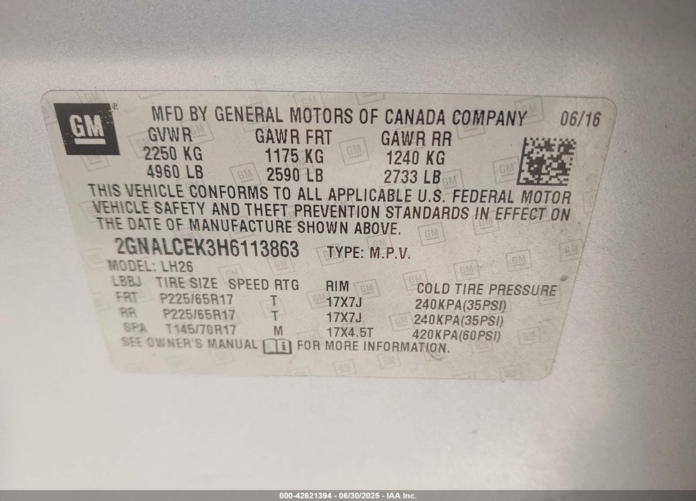 2017 CHEVROLET EQUINOX VIN: 2GNALCEK3H6113863