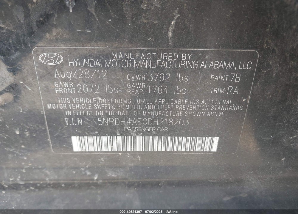 2013 HYUNDAI ELANTRA VIN: 5NPDH4AE0DH218203