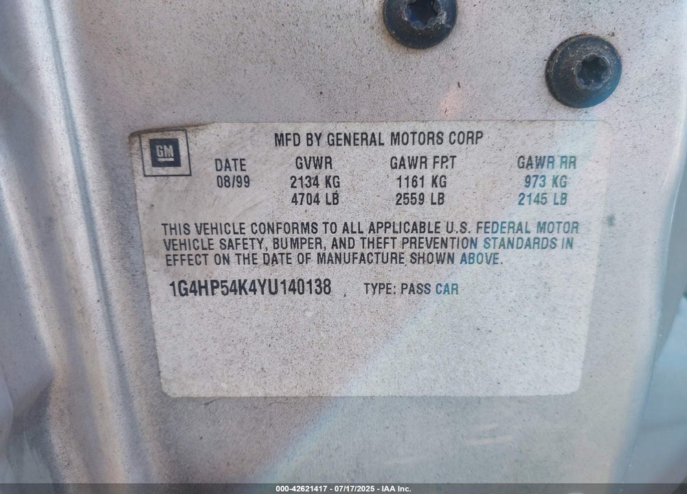 2000 BUICK LESABRE CUSTOM VIN: 1G4HP54K4YU140138