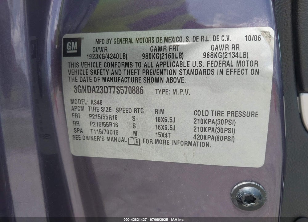 2007 CHEVROLET HHR VIN: 3GNDA23D77S570886