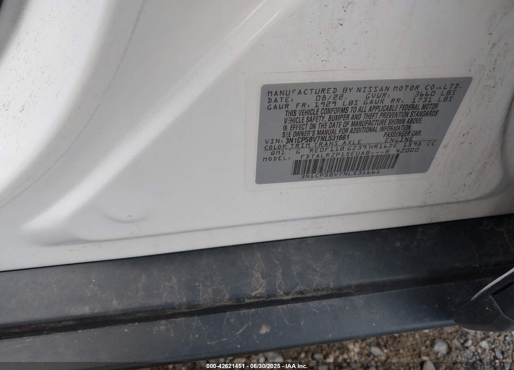 2022 NISSAN KICKS S XTRONIC CVT VIN: 3N1CP5BV7NL531661