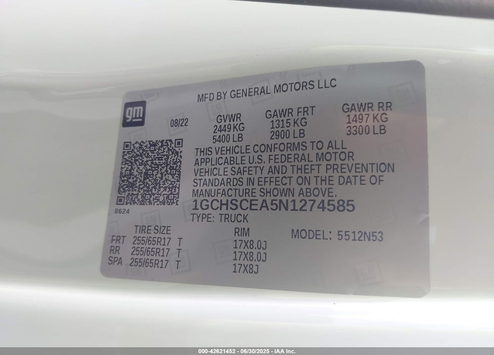 2022 CHEVROLET COLORADO 2WD LONG BOX LT VIN: 1GCHSCEA5N1274585