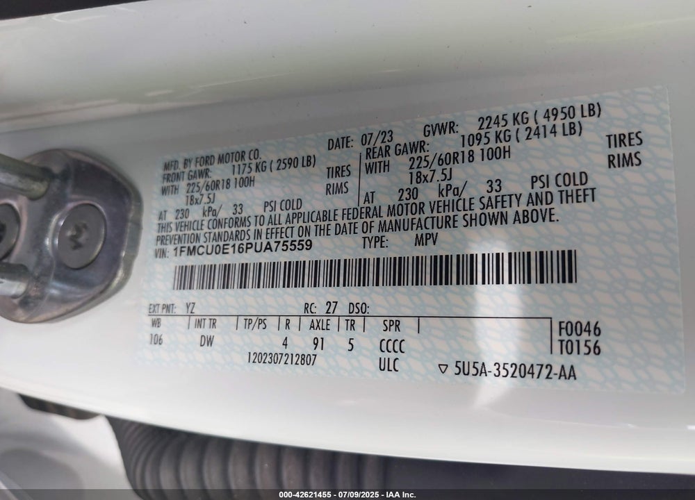 2023 FORD ESCAPE VIN: 1FMCU0E16PUA75559