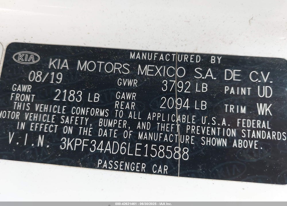 2020 KIA FORTE VIN: 3KPF34AD6LE158588