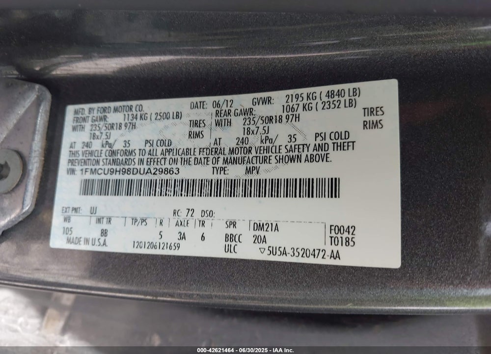 2013 FORD ESCAPE SEL VIN: 1FMCU9H98DUA29863