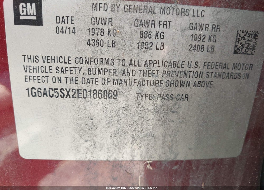 2014 CADILLAC ATS VIN: 1G6AC5SX2E0186069
