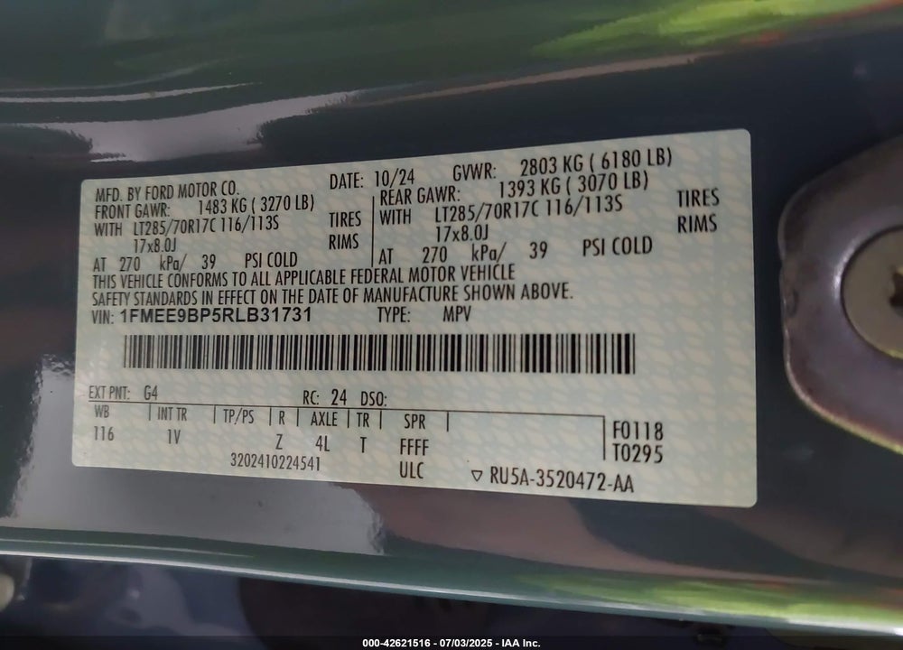 2024 FORD BRONCO VIN: 1FMEE9BP5RLB31731