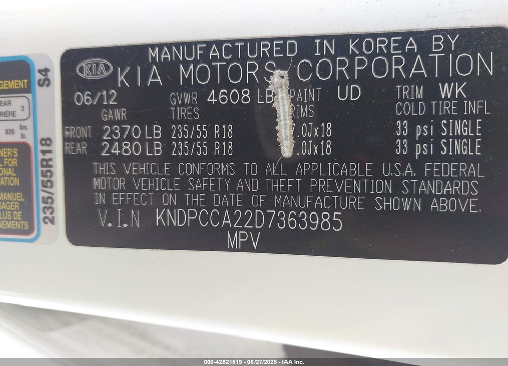 2013 KIA SPORTAGE EX VIN: KNDPCCA22D7363985