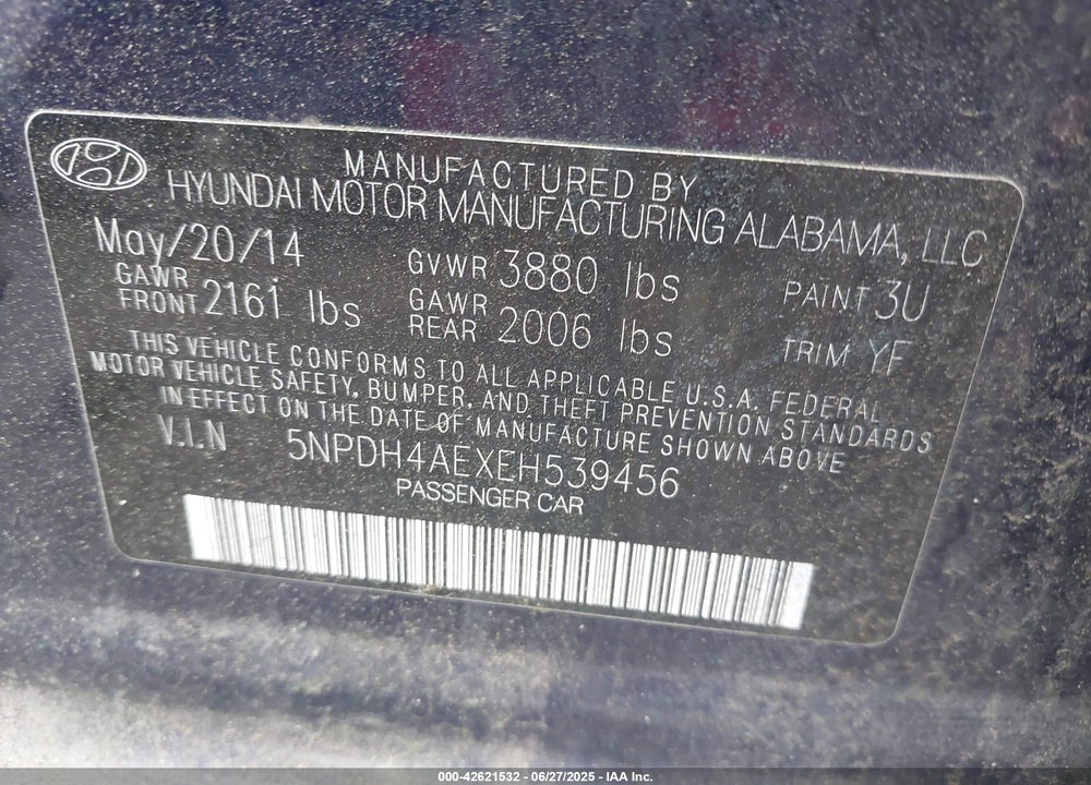 2014 HYUNDAI ELANTRA SE VIN: 5NPDH4AEXEH539456