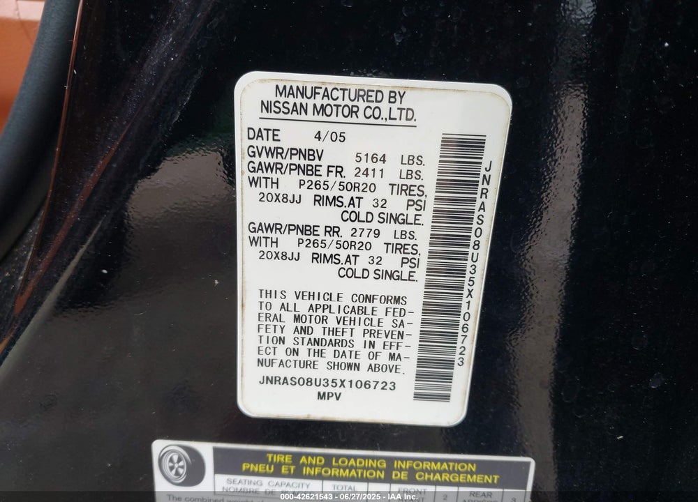 2005 INFINITI FX35 VIN: JNRAS08U35X106723