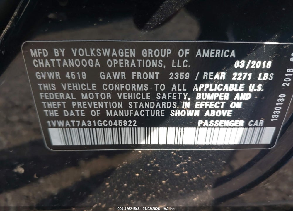 2016 VOLKSWAGEN PASSAT 1.8T S VIN: 1VWAT7A31GC045922
