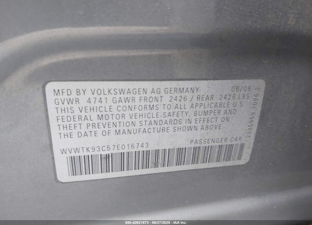2007 VOLKSWAGEN PASSAT VIN: WVWTK93C57E016743