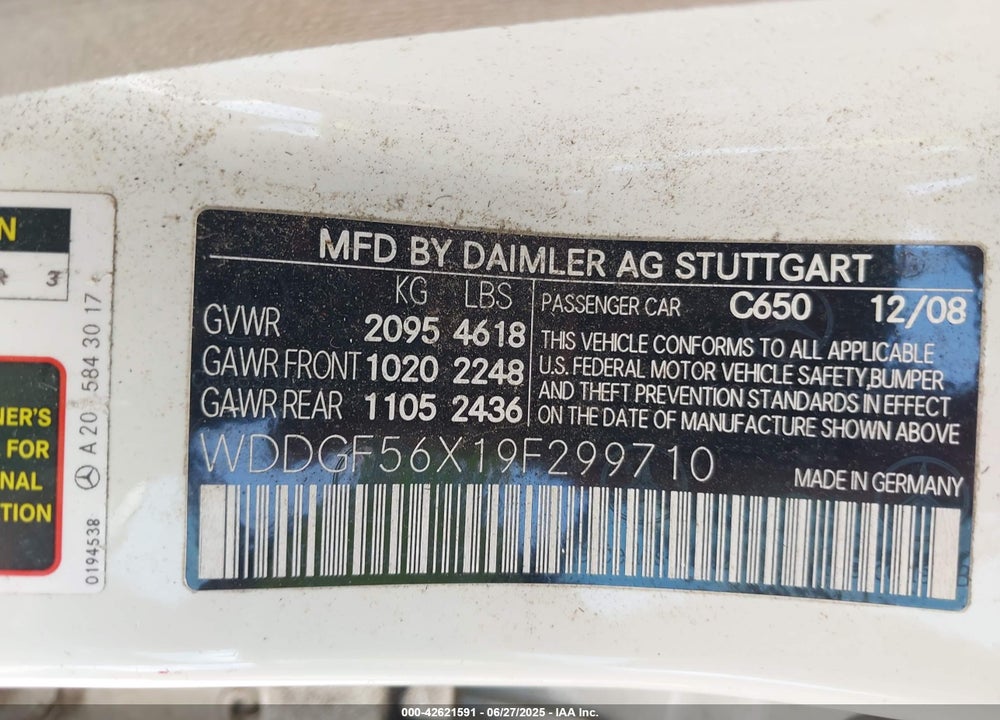 2009 MERCEDES-BENZ C 350 SPORT VIN: WDDGF56X19F299710