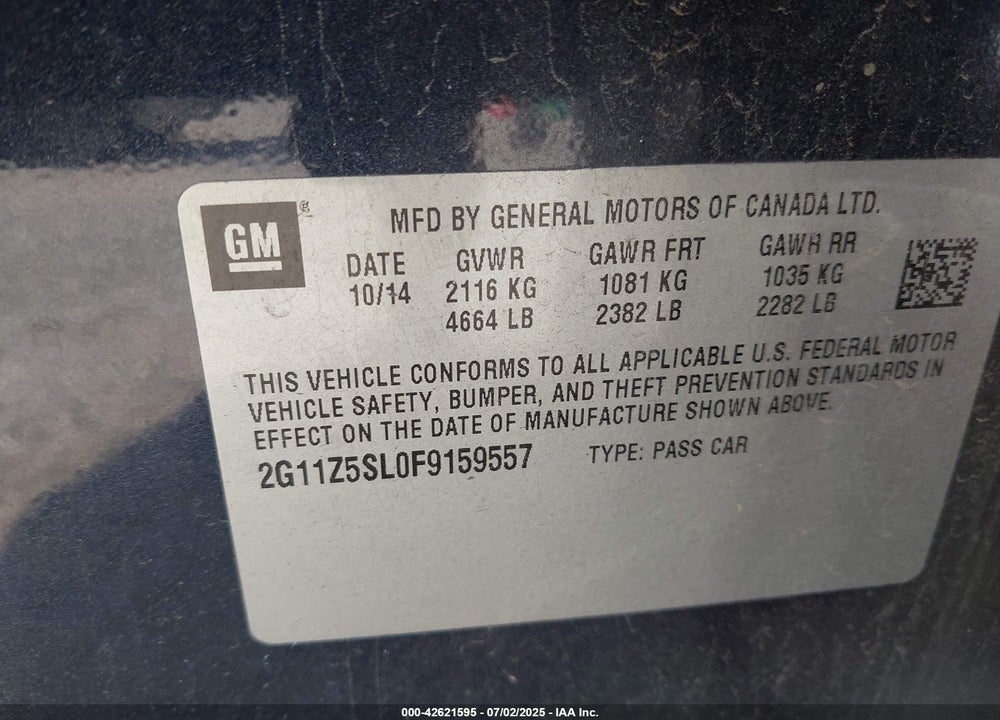 2015 CHEVROLET IMPALA VIN: 2G11Z5SL0F9159557