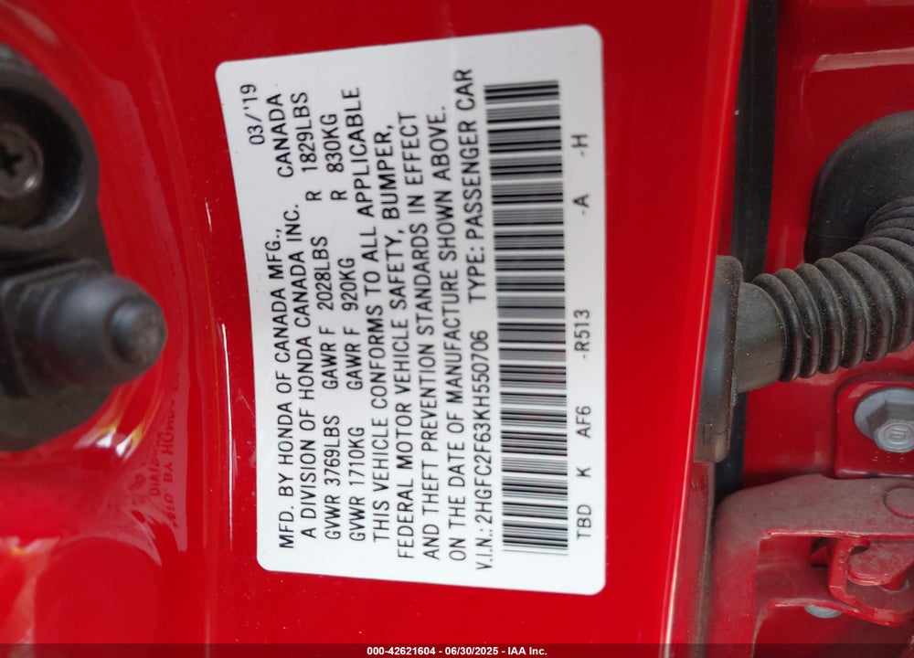 2019 HONDA CIVIC VIN: 2HGFC2F63KH550706