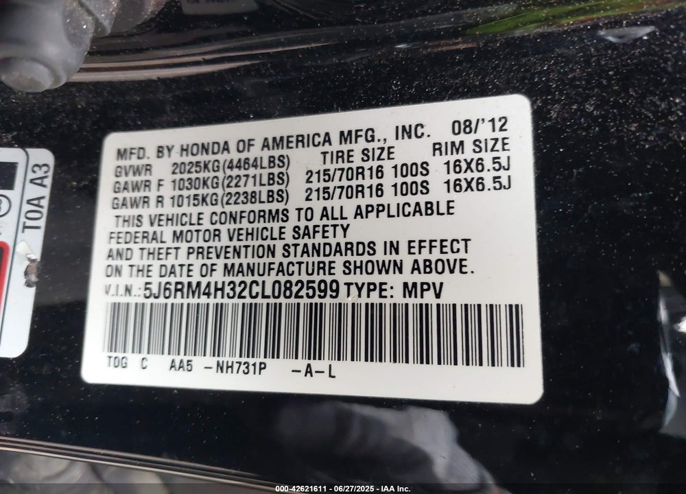 2012 HONDA CR-V VIN: 5J6RM4H32CL082599