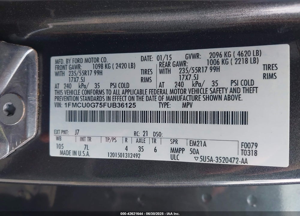 2015 FORD ESCAPE VIN: 1FMCU0G75FUB36125