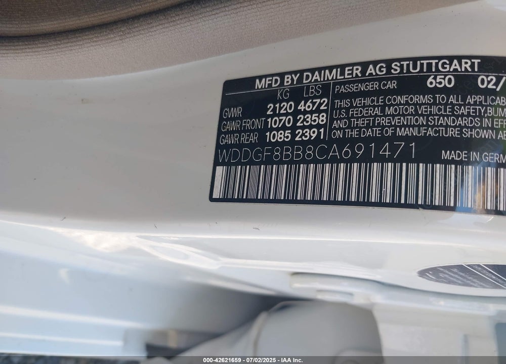 2012 MERCEDES-BENZ C VIN: WDDGF8BB8CA691471