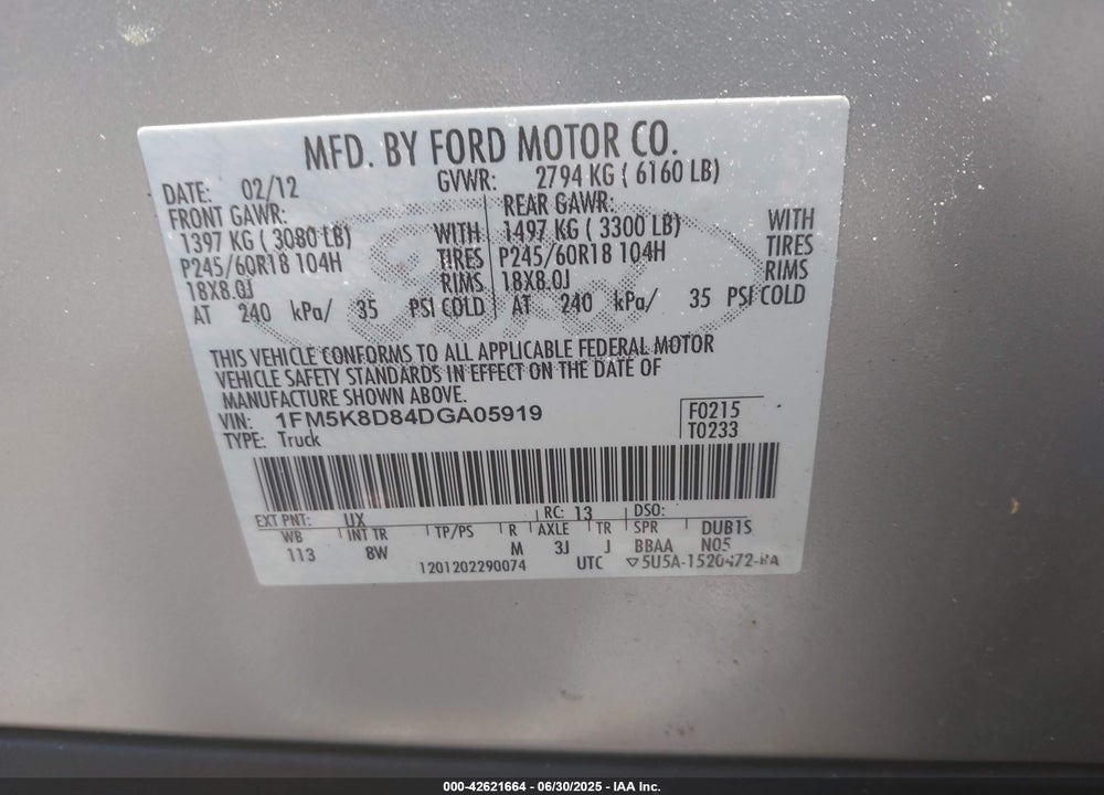 2013 FORD EXPLORER VIN: 1FM5K8D84DGA05919