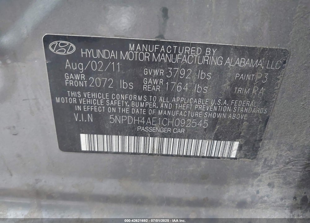 2012 HYUNDAI ELANTRA GLS VIN: 5NPDH4AE1CH092545