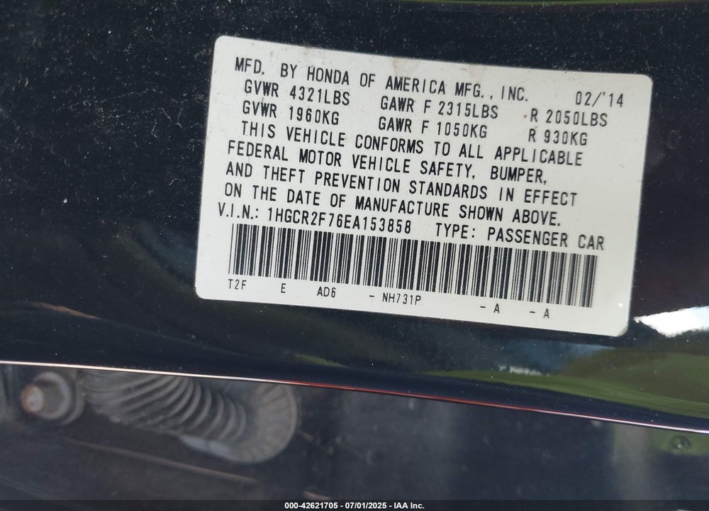 2014 HONDA ACCORD VIN: 1HGCR2F76EA153858