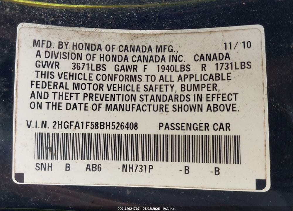 2011 HONDA CIVIC VIN: 2HGFA1F58BH526408