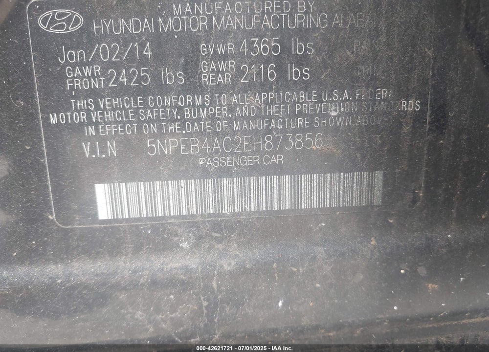 2014 HYUNDAI SONATA VIN: 5NPEB4AC2EH873856