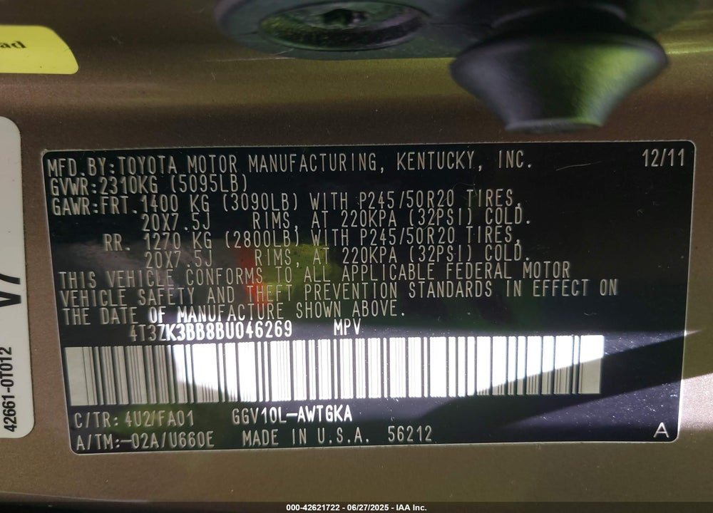 2011 TOYOTA VENZA VIN: 4T3ZK3BB8BU046269