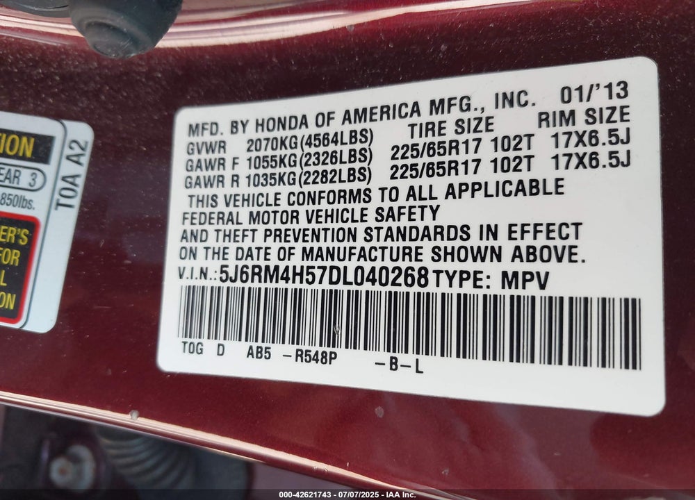 2013 HONDA CR-V VIN: 5J6RM4H57DL040268
